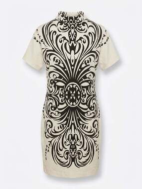 Grayse Black White Baroque Damask Mock Neck Dress XL